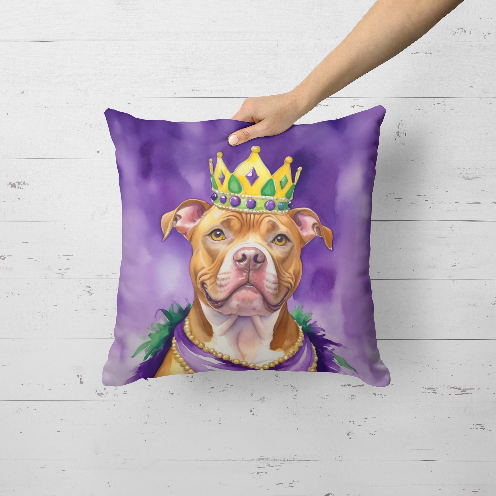 Pit Bull Terrier King of Mardi Gras Decorative Throw Pillow 18x18 Indoor Outdoor Accent Cushion, Fabric Cover with Insert for Sofa, Bed, Porch & Living Room