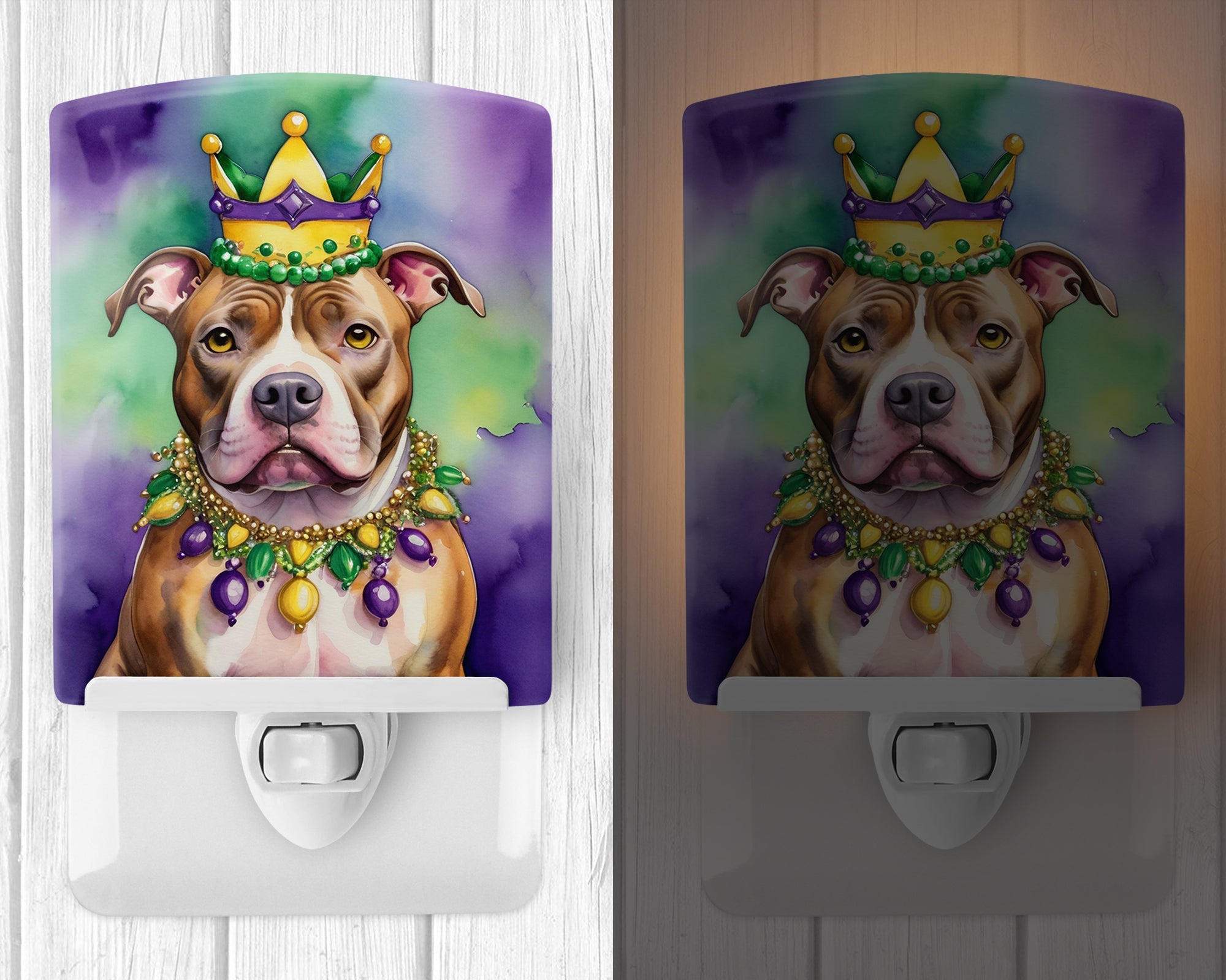 Pit Bull Terrier King of Mardi Gras Ceramic Night Light Compact, UL-Certified, Ideal for Bedroom, Bathroom, Nursery, Hallway, Kitchen, 6x4x3, Multicolor