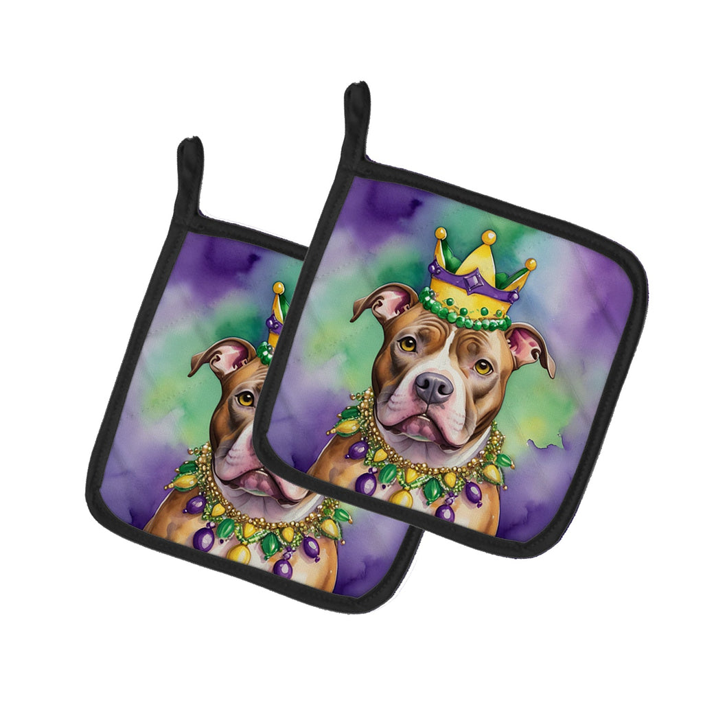 Pit Bull Terrier King of Mardi Gras Pot Holder Set of 2 Heat Resistant Quilted Hot Pads 7.5 x 7.5 Inch, Insulated Kitchen Trivets for Cooking & Baking