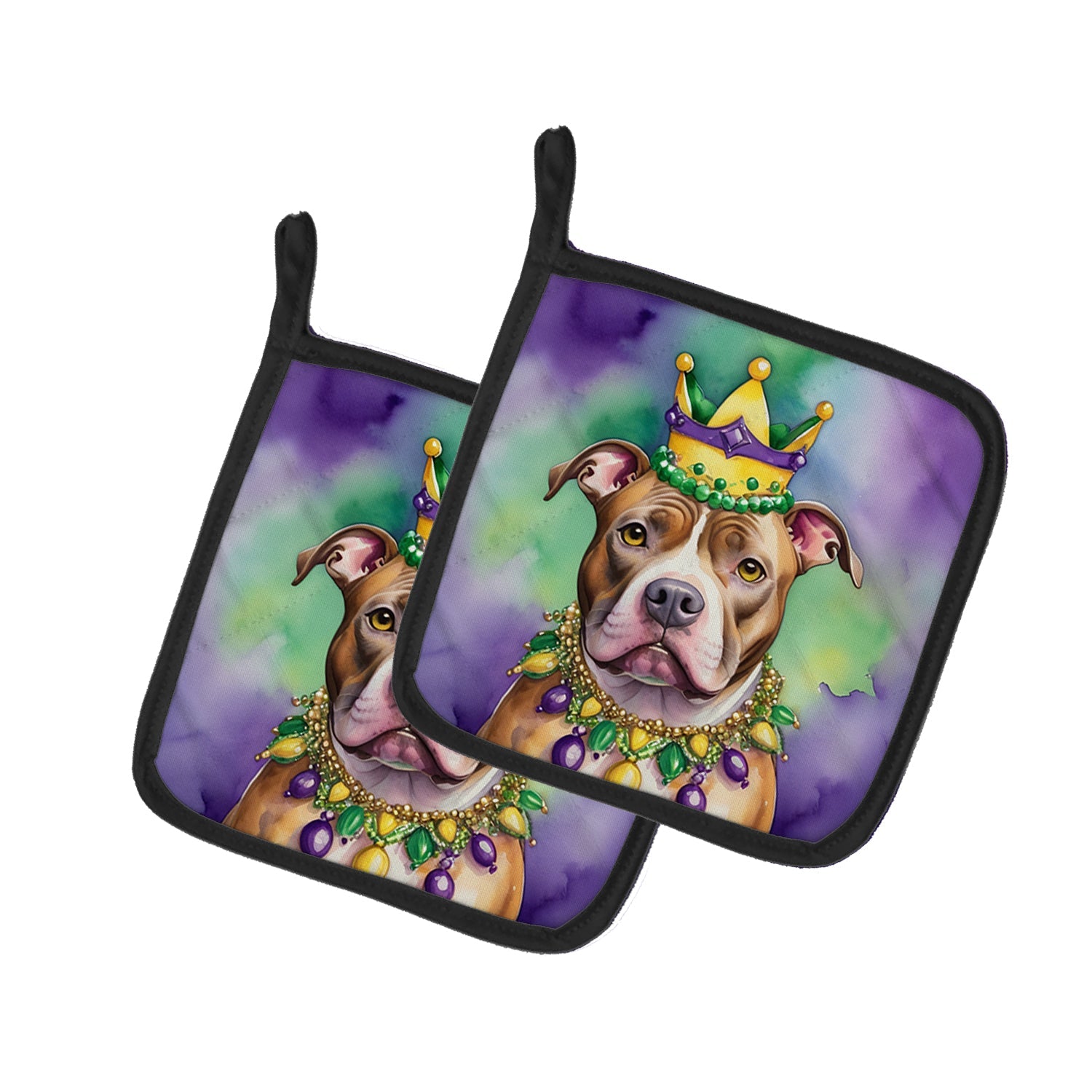 Pit Bull Terrier King of Mardi Gras Pot Holder Set of 2 Heat Resistant Quilted Hot Pads 7.5 x 7.5 Inch, Insulated Kitchen Trivets for Cooking & Baking