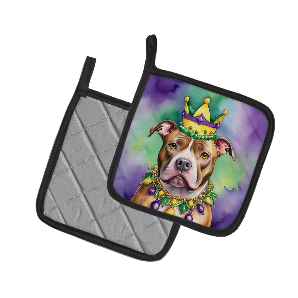 Pit Bull Terrier King of Mardi Gras Pot Holder Set of 2 Heat Resistant Quilted Hot Pads 7.5 x 7.5 Inch, Insulated Kitchen Trivets for Cooking & Baking
