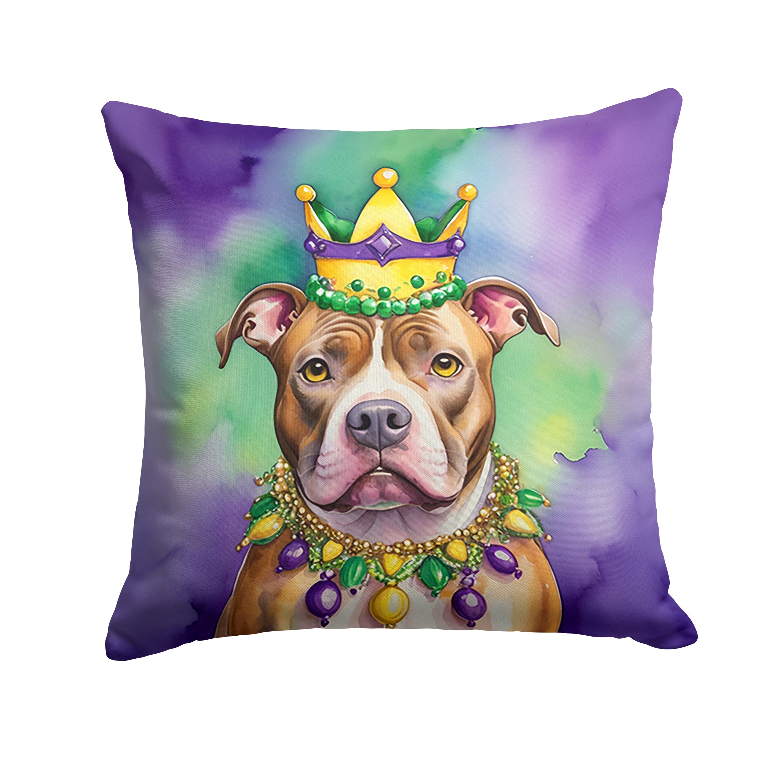 Pit Bull Terrier King of Mardi Gras Decorative Throw Pillow 14x14 Indoor Outdoor Accent Cushion, Fabric Cover with Insert for Sofa, Bed, Porch & Living Room