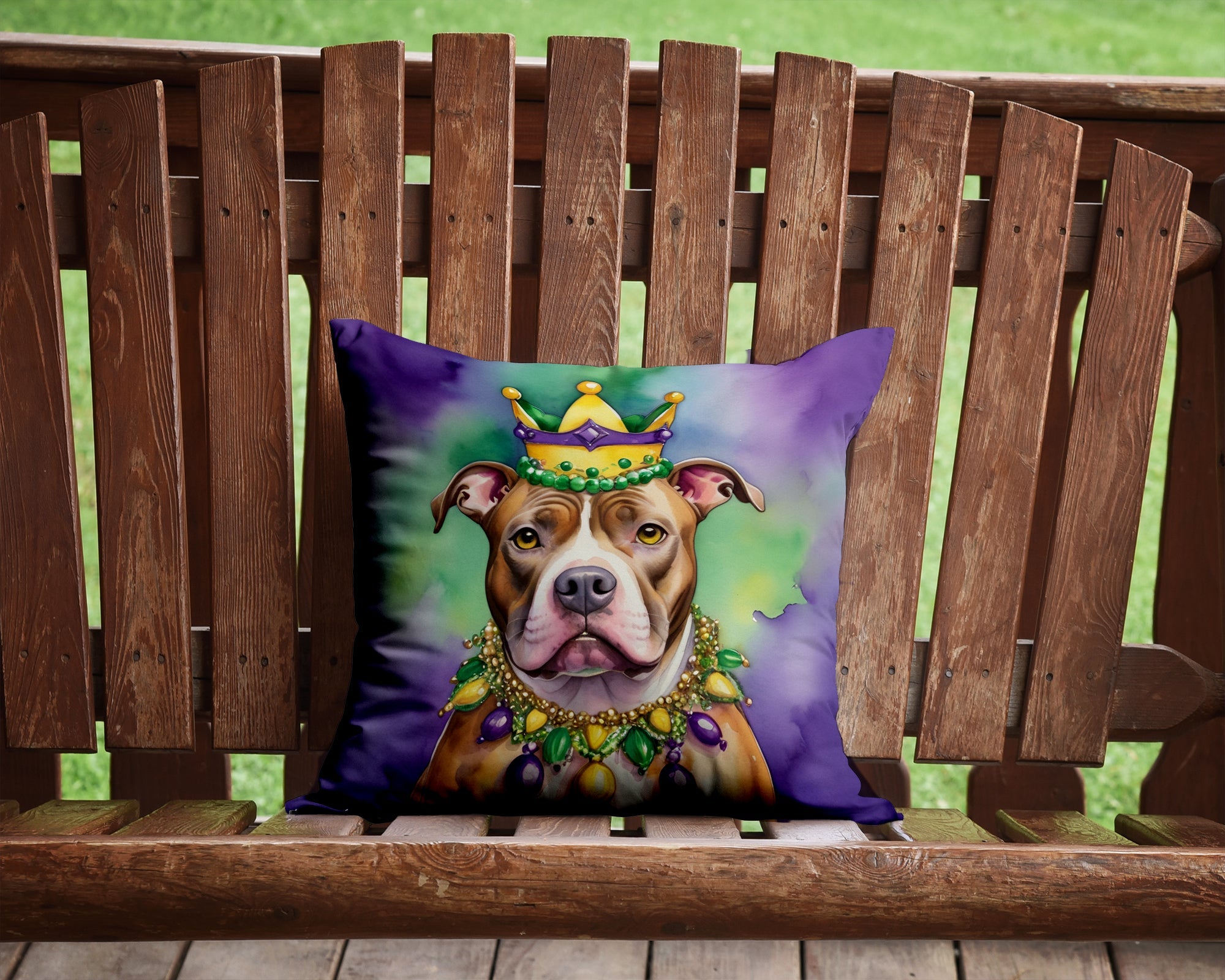 Pit Bull Terrier King of Mardi Gras Decorative Throw Pillow 14x14 Indoor Outdoor Accent Cushion, Fabric Cover with Insert for Sofa, Bed, Porch & Living Room