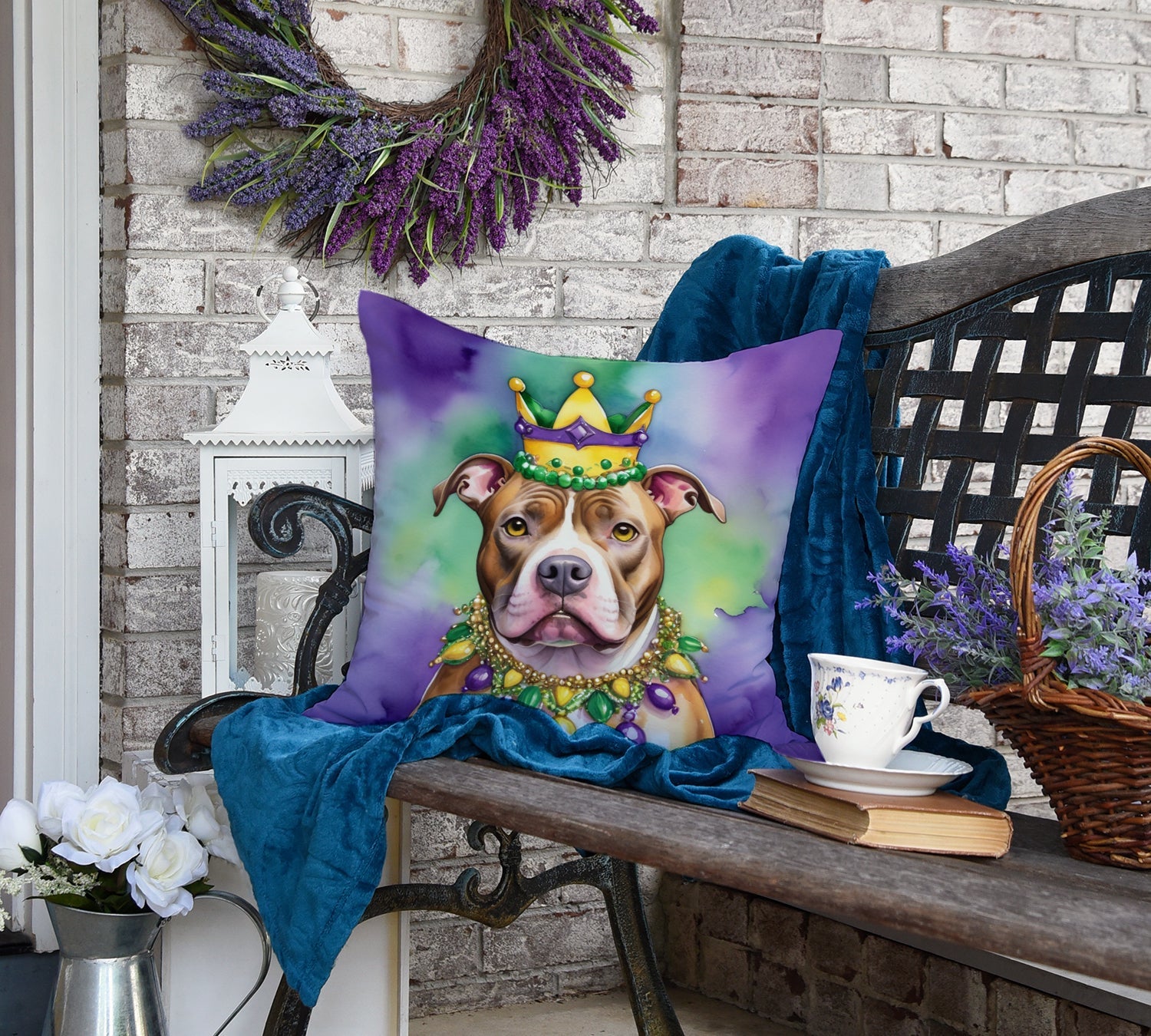 Pit Bull Terrier King of Mardi Gras Decorative Throw Pillow 18x18 Indoor Outdoor Accent Cushion, Fabric Cover with Insert for Sofa, Bed, Porch & Living Room
