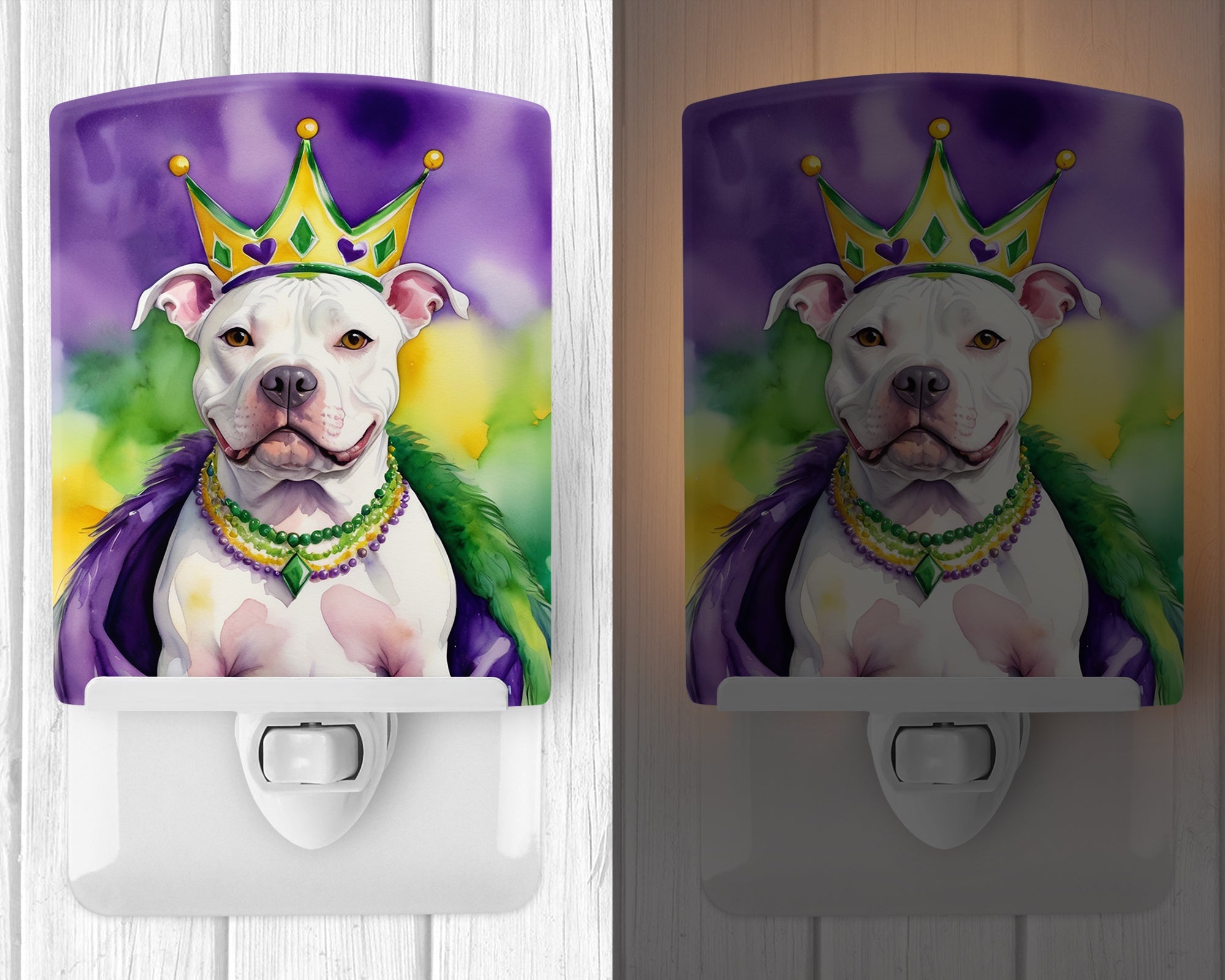Pit Bull Terrier King of Mardi Gras Ceramic Night Light Compact, UL-Certified, Ideal for Bedroom, Bathroom, Nursery, Hallway, Kitchen, 6x4x3, Multicolor