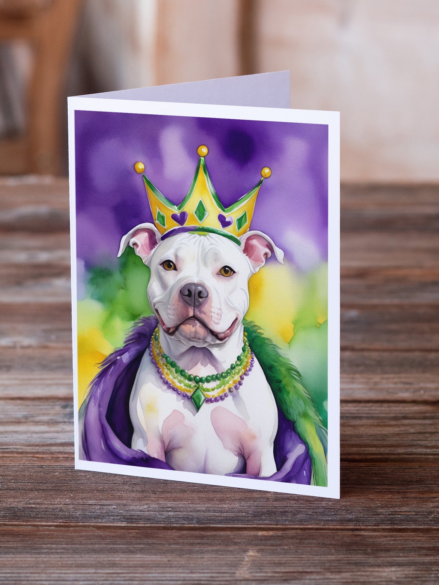 Pit Bull Terrier King of Mardi Gras Greeting Cards Pack of 8 Blank Cards with Envelopes Whimsical A7 Size 5x7