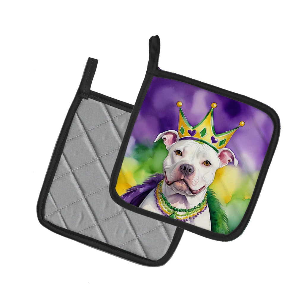 Pit Bull Terrier King of Mardi Gras Pot Holder Set of 2 Heat Resistant Quilted Hot Pads 7.5 x 7.5 Inch, Insulated Kitchen Trivets for Cooking & Baking