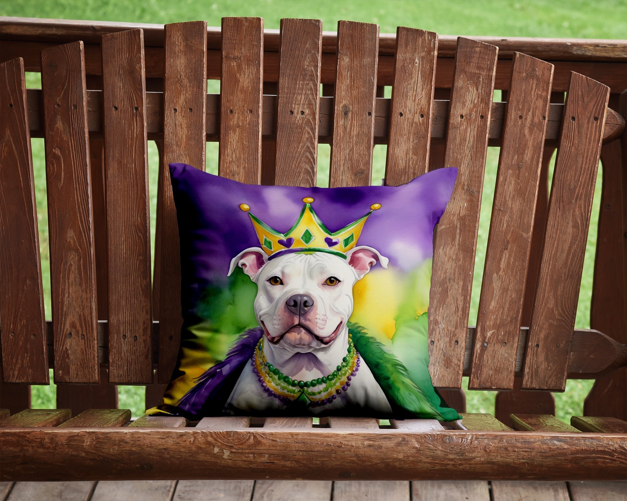 Pit Bull Terrier King of Mardi Gras Decorative Throw Pillow 14x14 Indoor Outdoor Accent Cushion, Fabric Cover with Insert for Sofa, Bed, Porch & Living Room