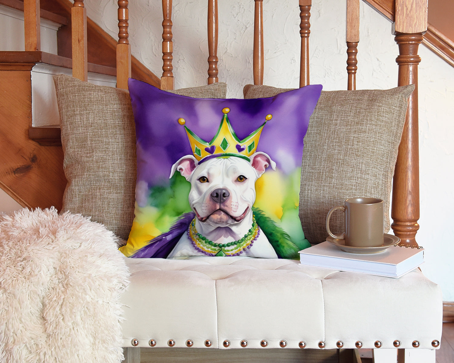 Pit Bull Terrier King of Mardi Gras Decorative Throw Pillow 14x14 Indoor Outdoor Accent Cushion, Fabric Cover with Insert for Sofa, Bed, Porch & Living Room