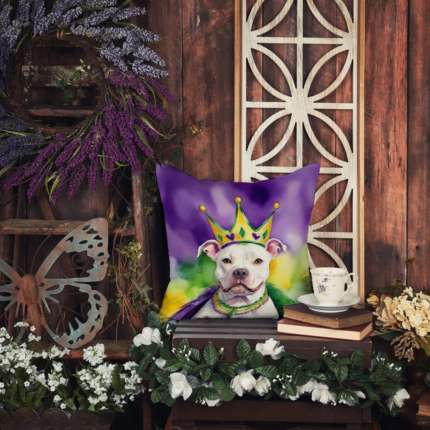 Pit Bull Terrier King of Mardi Gras Decorative Throw Pillow 14x14 Indoor Outdoor Accent Cushion, Fabric Cover with Insert for Sofa, Bed, Porch & Living Room