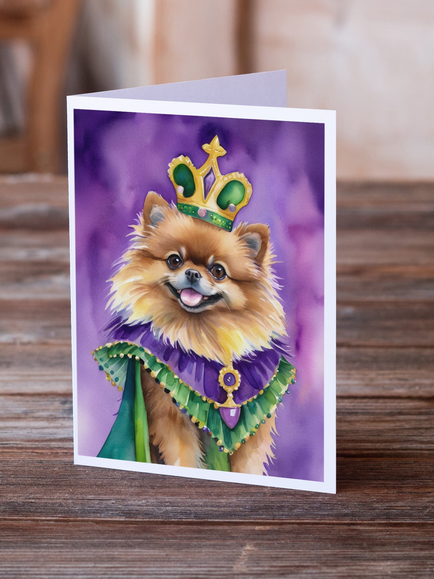 Pomeranian King of Mardi Gras Greeting Cards Pack of 8 Blank Cards with Envelopes Whimsical A7 Size 5x7