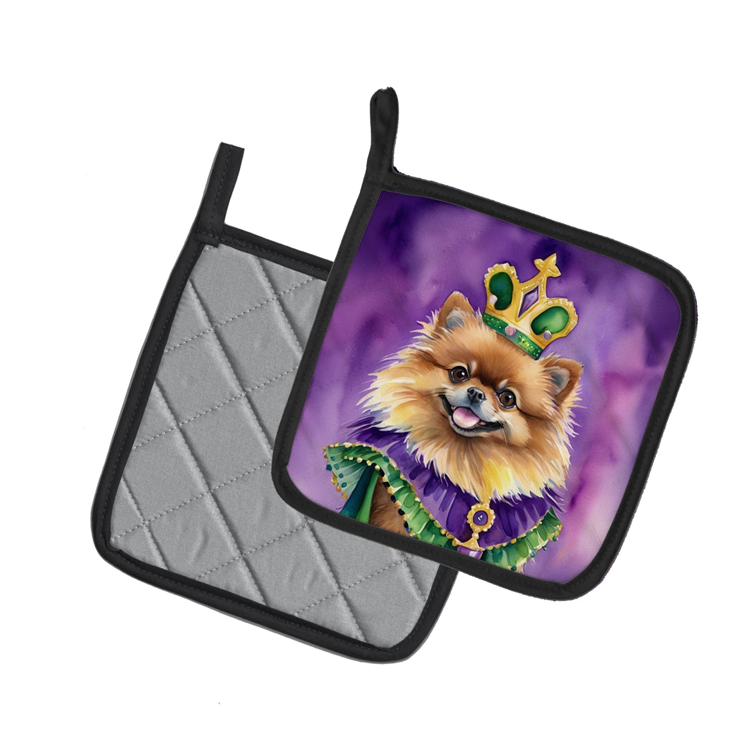 Pomeranian King of Mardi Gras Pot Holder Set of 2 Heat Resistant Quilted Hot Pads 7.5 x 7.5 Inch, Insulated Kitchen Trivets for Cooking & Baking