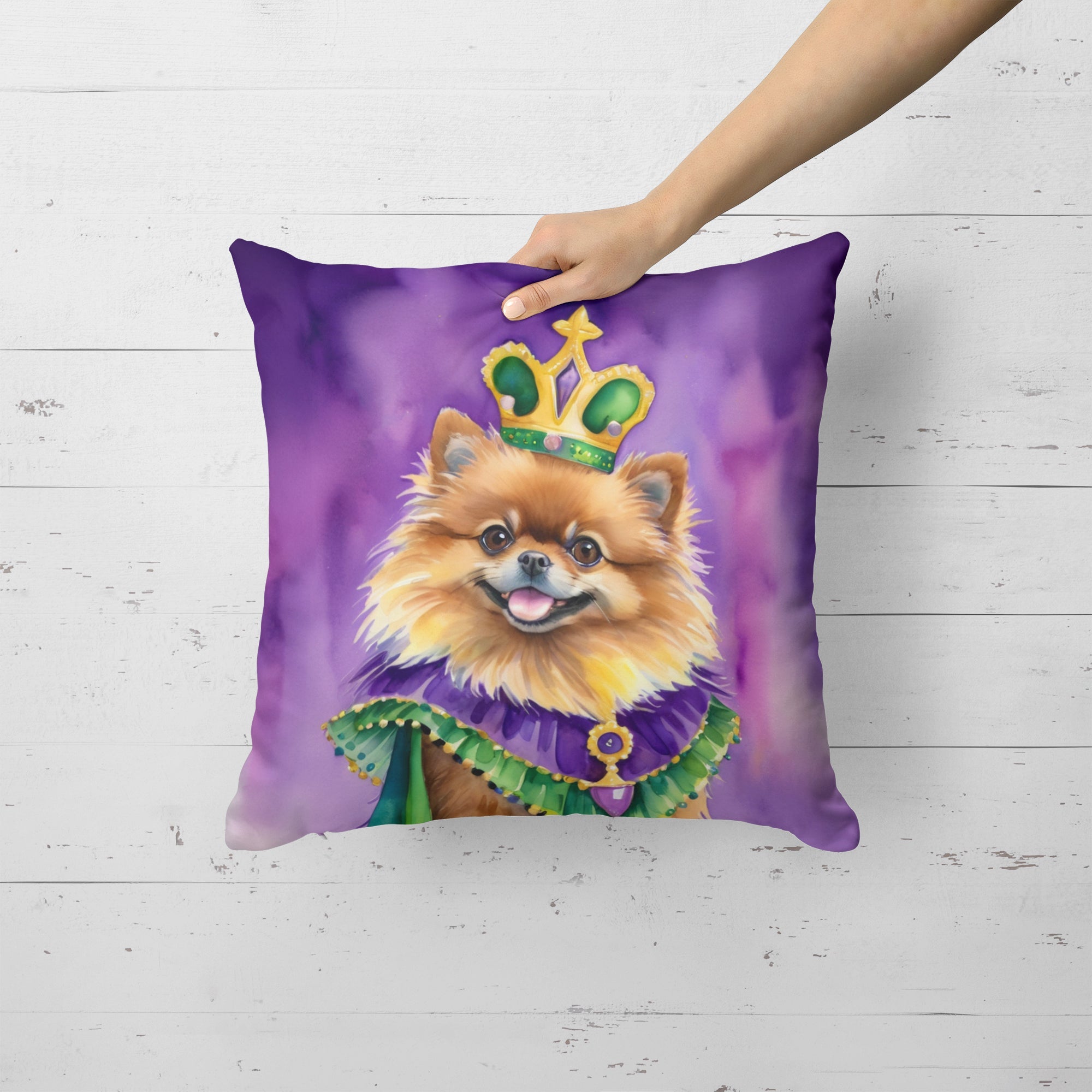 Pomeranian King of Mardi Gras Decorative Throw Pillow 18x18 Indoor Outdoor Accent Cushion, Fabric Cover with Insert for Sofa, Bed, Porch & Living Room