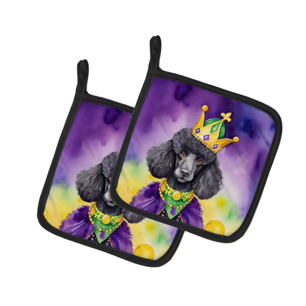 Black Poodle King of Mardi Gras Pot Holder Set of 2 Heat Resistant Quilted Hot Pads 7.5 x 7.5 Inch, Insulated Kitchen Trivets for Cooking & Baking