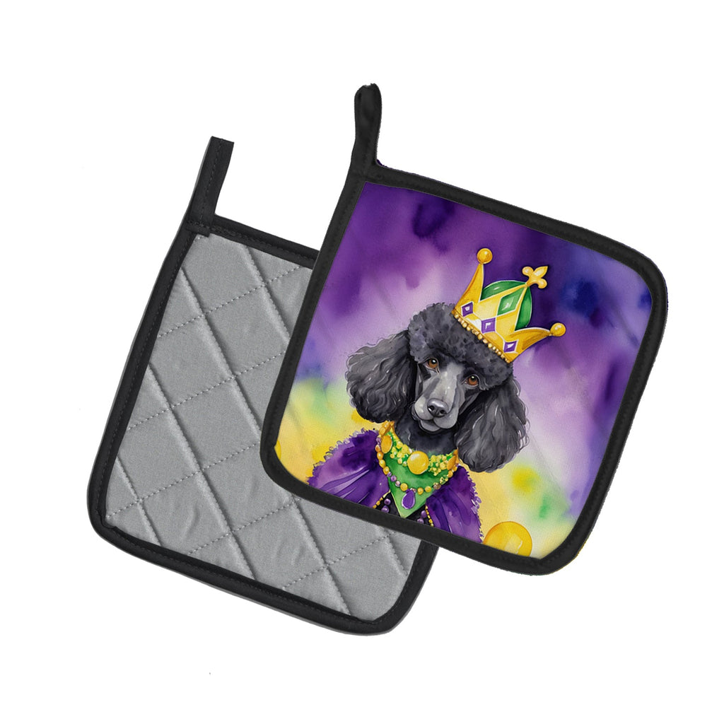 Black Poodle King of Mardi Gras Pot Holder Set of 2 Heat Resistant Quilted Hot Pads 7.5 x 7.5 Inch, Insulated Kitchen Trivets for Cooking & Baking