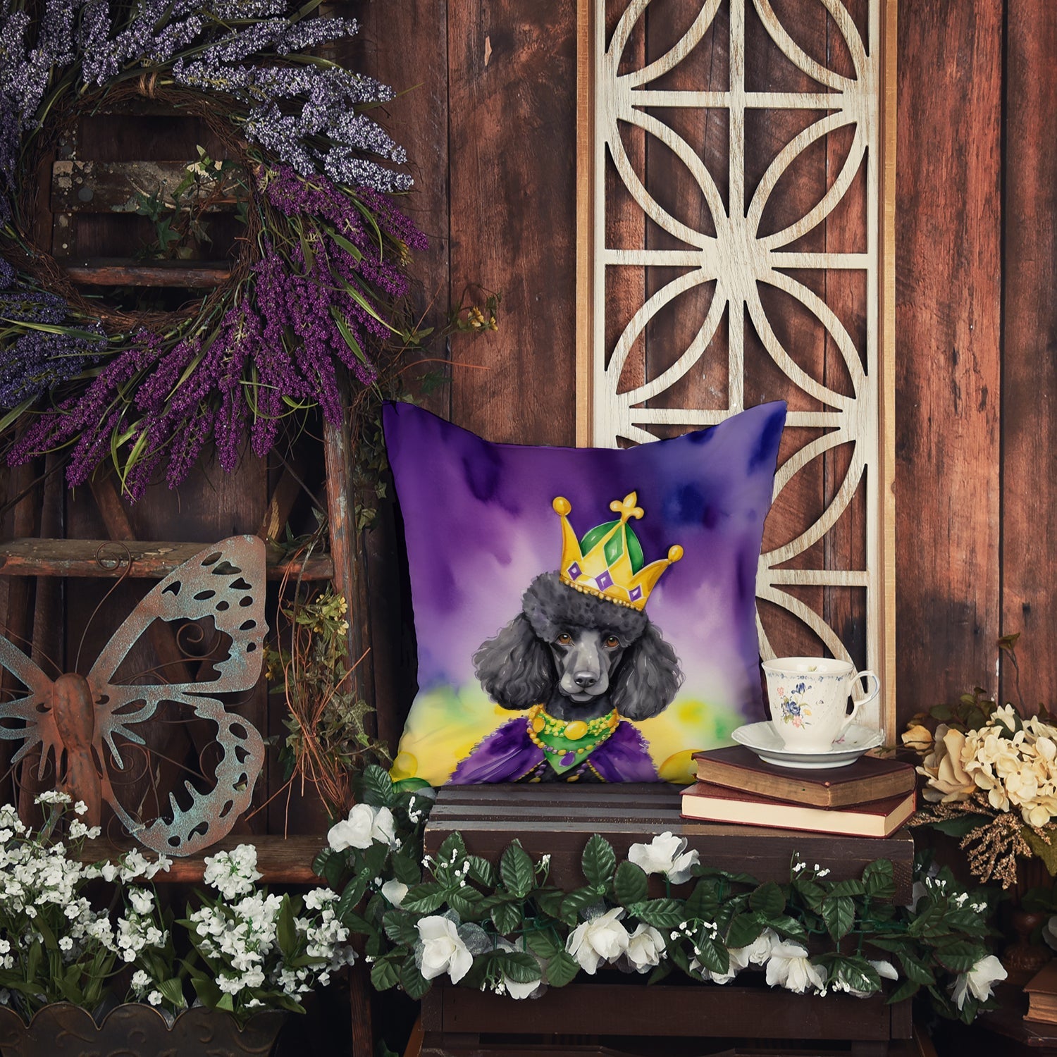 Black Poodle King of Mardi Gras Decorative Throw Pillow 14x14 Indoor Outdoor Accent Cushion, Fabric Cover with Insert for Sofa, Bed, Porch & Living Room