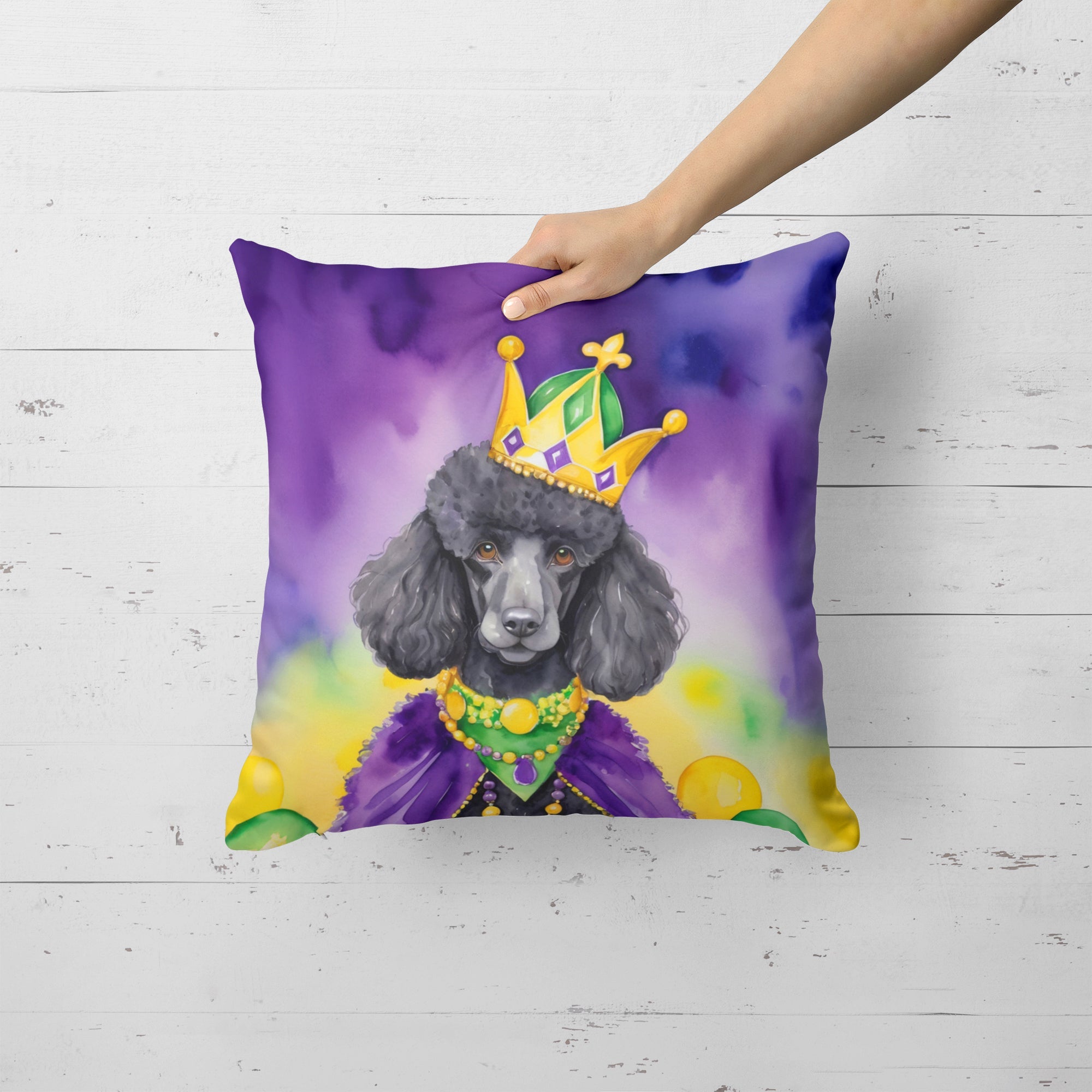 Black Poodle King of Mardi Gras Decorative Throw Pillow 18x18 Indoor Outdoor Accent Cushion, Fabric Cover with Insert for Sofa, Bed, Porch & Living Room