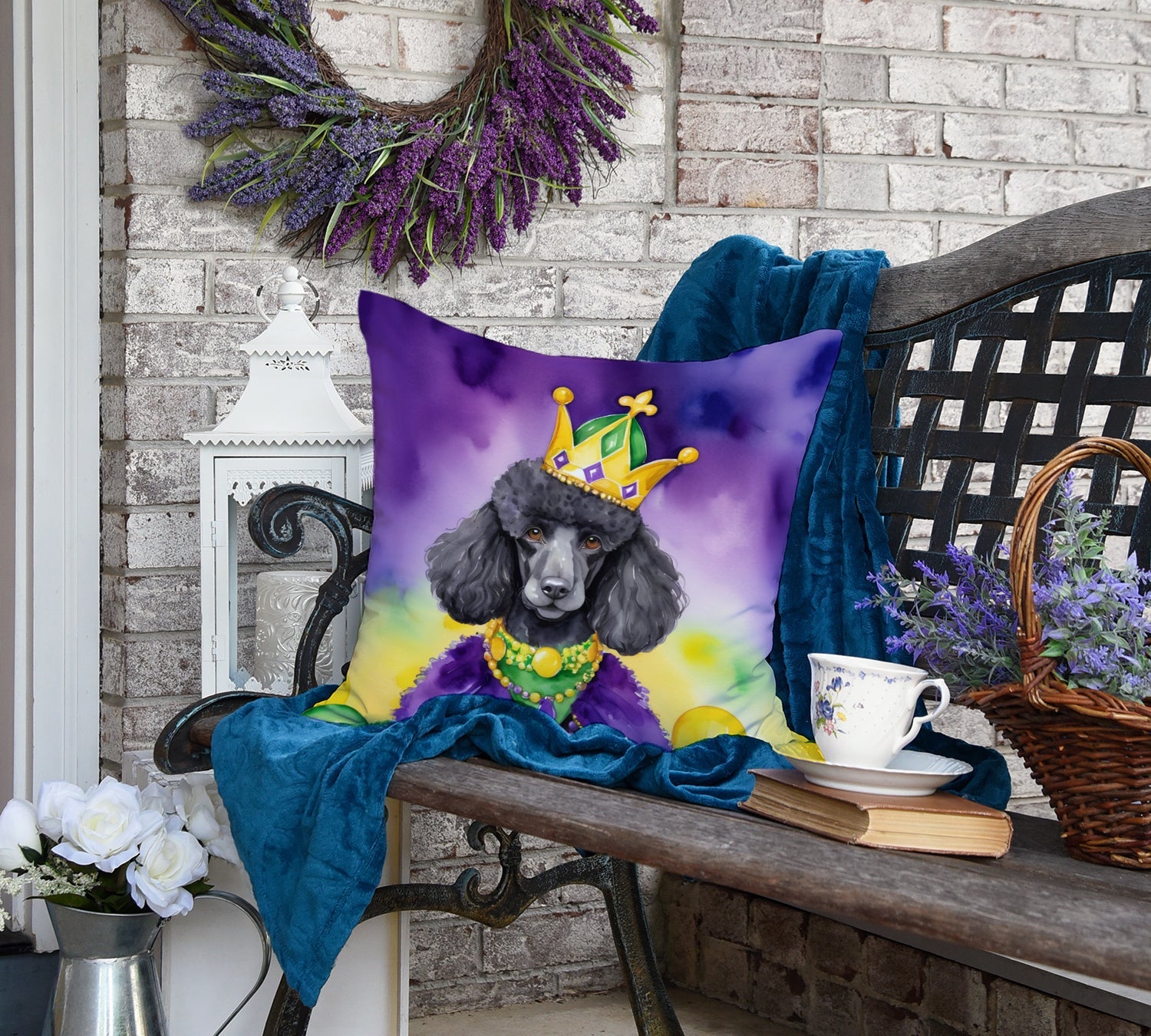 Black Poodle King of Mardi Gras Decorative Throw Pillow 18x18 Indoor Outdoor Accent Cushion, Fabric Cover with Insert for Sofa, Bed, Porch & Living Room