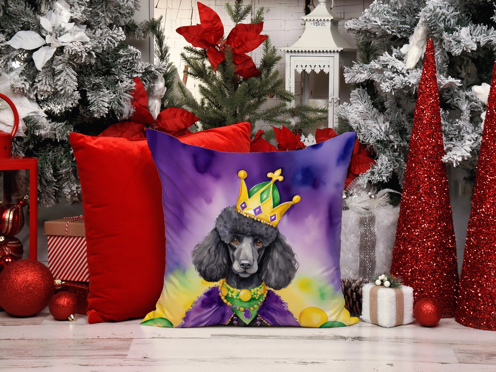 Black Poodle King of Mardi Gras Decorative Throw Pillow 18x18 Indoor Outdoor Accent Cushion, Fabric Cover with Insert for Sofa, Bed, Porch & Living Room