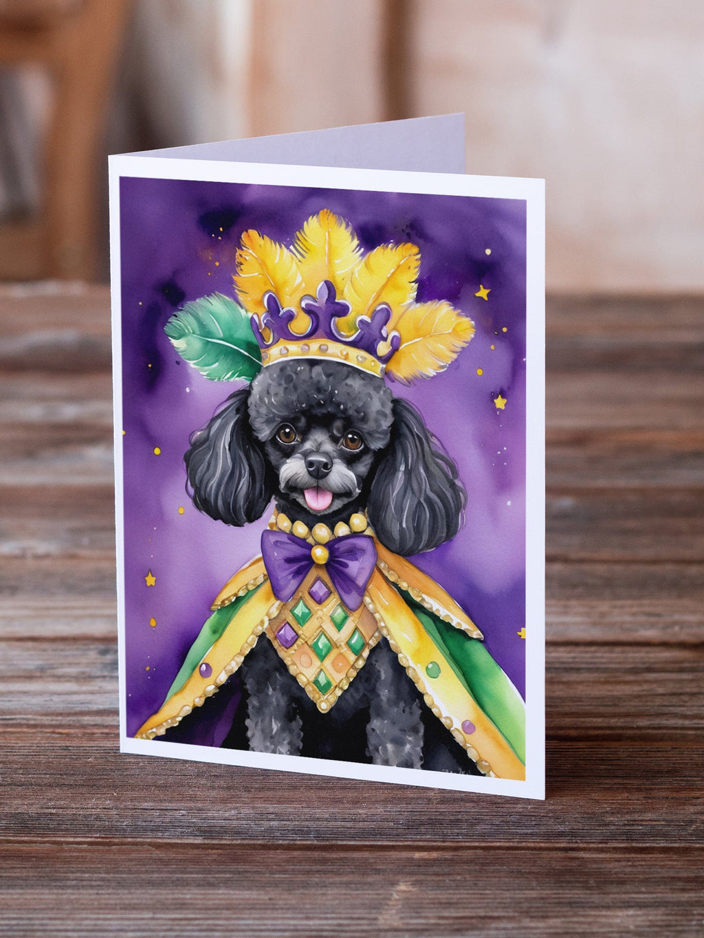 Black Poodle King of Mardi Gras Greeting Cards Pack of 8 Blank Cards with Envelopes Whimsical A7 Size 5x7