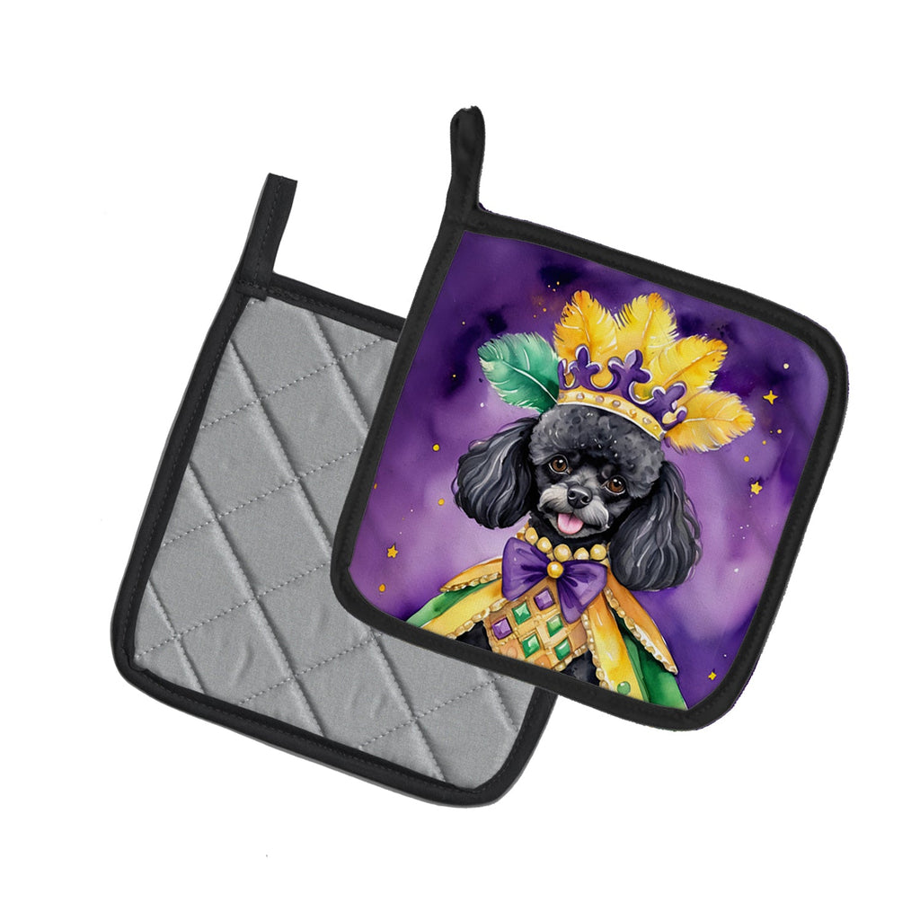 Black Poodle King of Mardi Gras Pot Holder Set of 2 Heat Resistant Quilted Hot Pads 7.5 x 7.5 Inch, Insulated Kitchen Trivets for Cooking & Baking