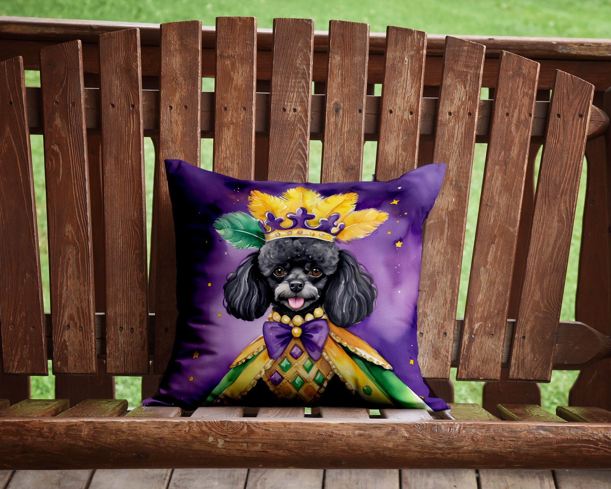 Black Poodle King of Mardi Gras Decorative Throw Pillow 14x14 Indoor Outdoor Accent Cushion, Fabric Cover with Insert for Sofa, Bed, Porch & Living Room