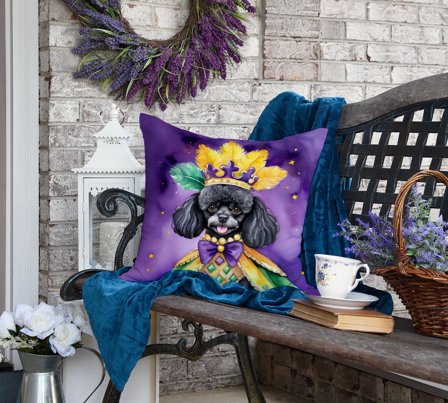 Black Poodle King of Mardi Gras Decorative Throw Pillow 18x18 Indoor Outdoor Accent Cushion, Fabric Cover with Insert for Sofa, Bed, Porch & Living Room