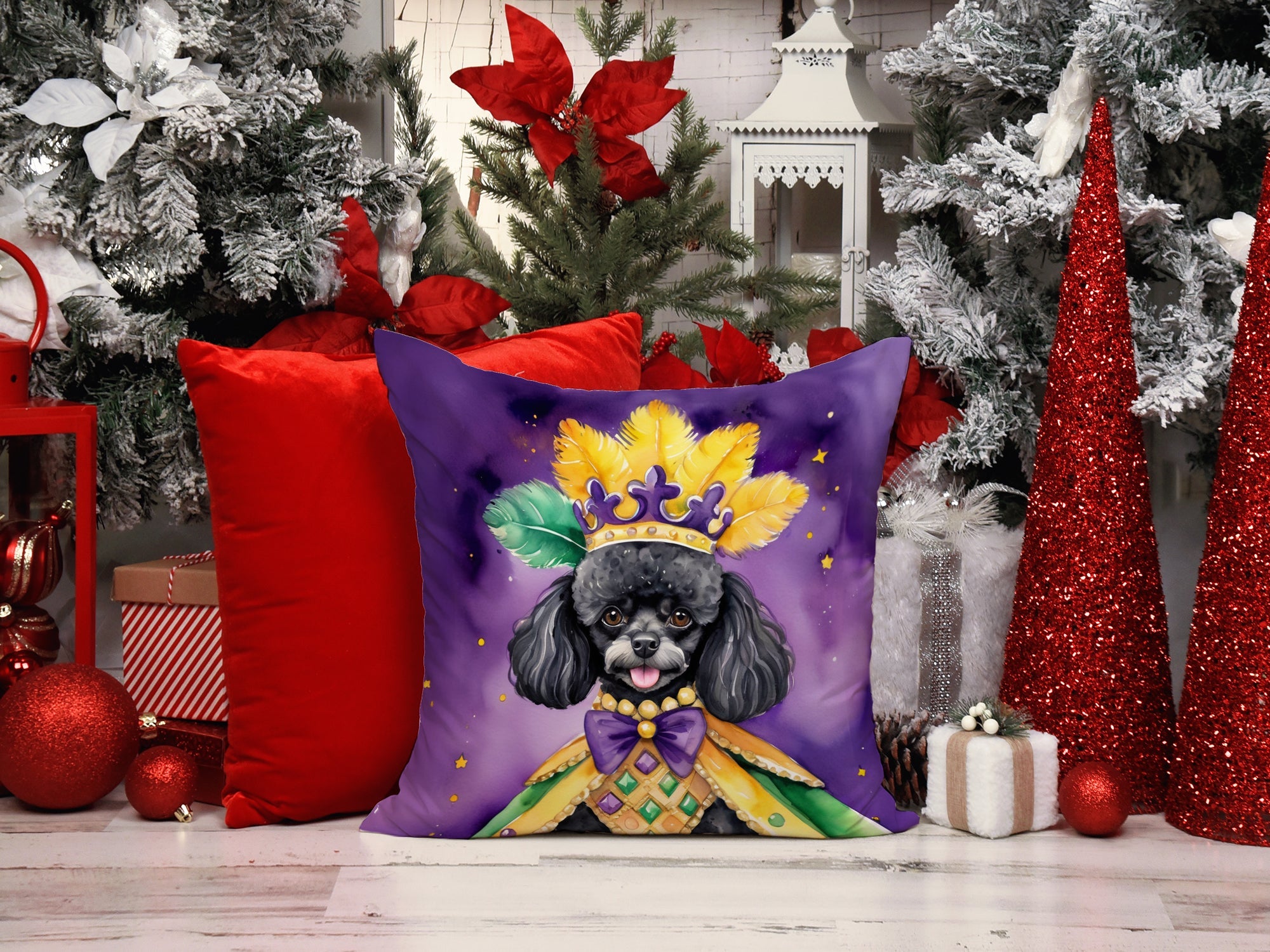 Black Poodle King of Mardi Gras Decorative Throw Pillow 18x18 Indoor Outdoor Accent Cushion, Fabric Cover with Insert for Sofa, Bed, Porch & Living Room