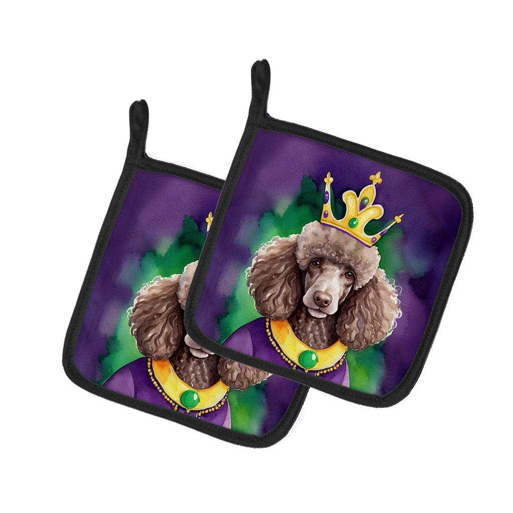 Chocolate Poodle King of Mardi Gras Pot Holder Set of 2 Heat Resistant Quilted Hot Pads 7.5 x 7.5 Inch, Insulated Kitchen Trivets for Cooking & Baking