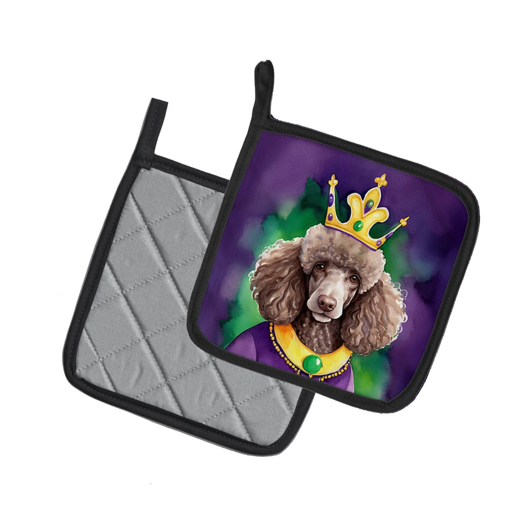 Chocolate Poodle King of Mardi Gras Pot Holder Set of 2 Heat Resistant Quilted Hot Pads 7.5 x 7.5 Inch, Insulated Kitchen Trivets for Cooking & Baking