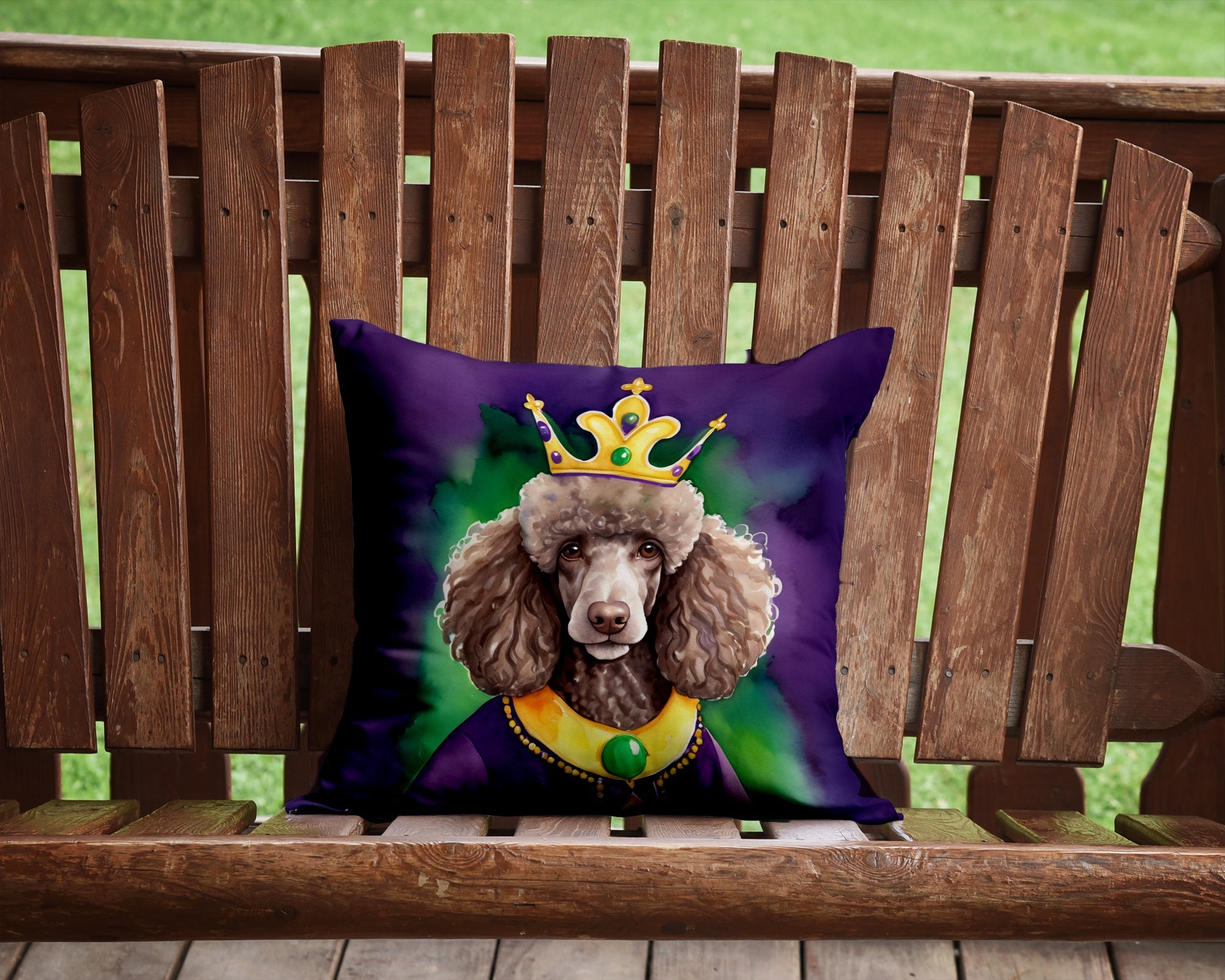 Chocolate Poodle King of Mardi Gras Decorative Throw Pillow 14x14 Indoor Outdoor Accent Cushion, Fabric Cover with Insert for Sofa, Bed, Porch & Living Room