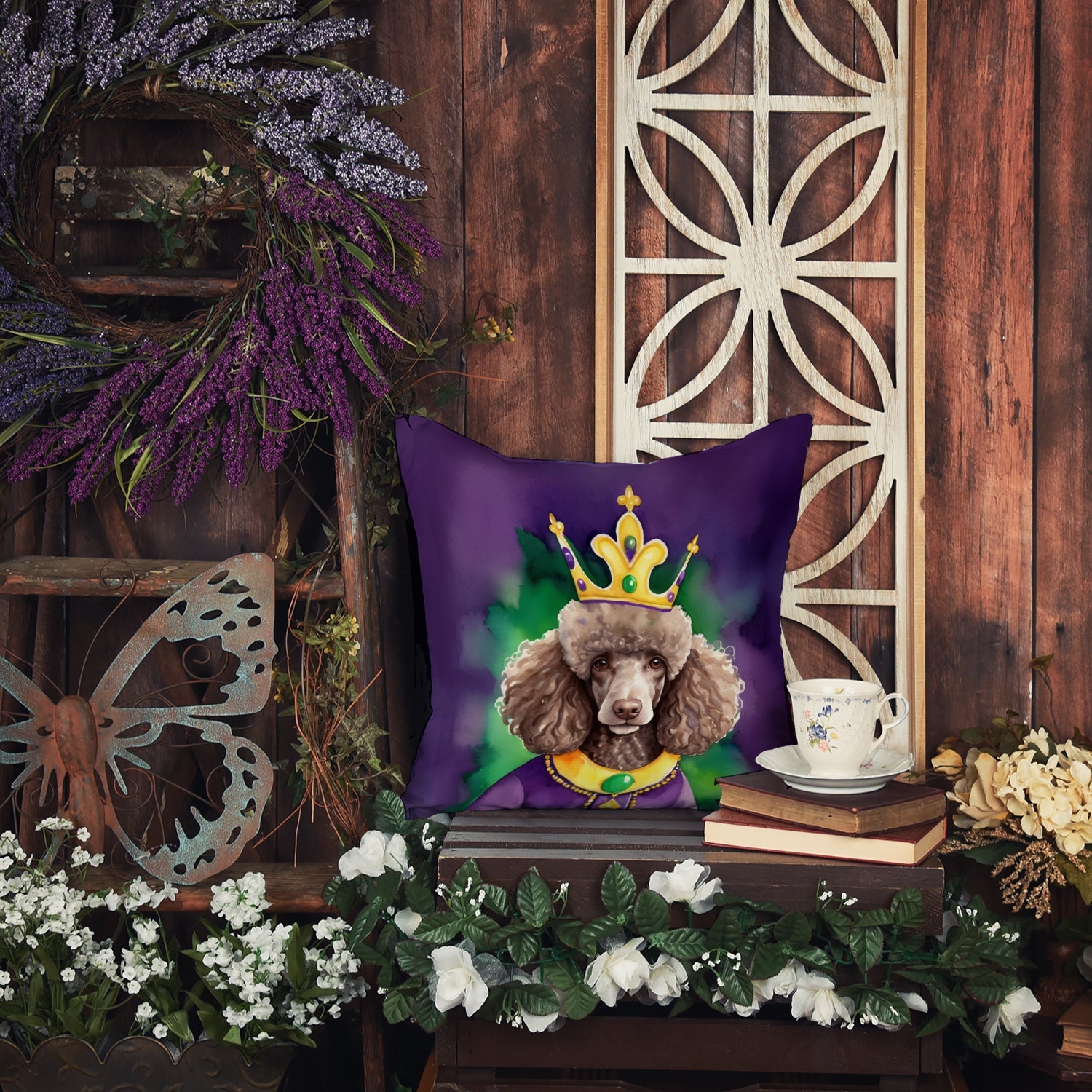 Chocolate Poodle King of Mardi Gras Decorative Throw Pillow 14x14 Indoor Outdoor Accent Cushion, Fabric Cover with Insert for Sofa, Bed, Porch & Living Room