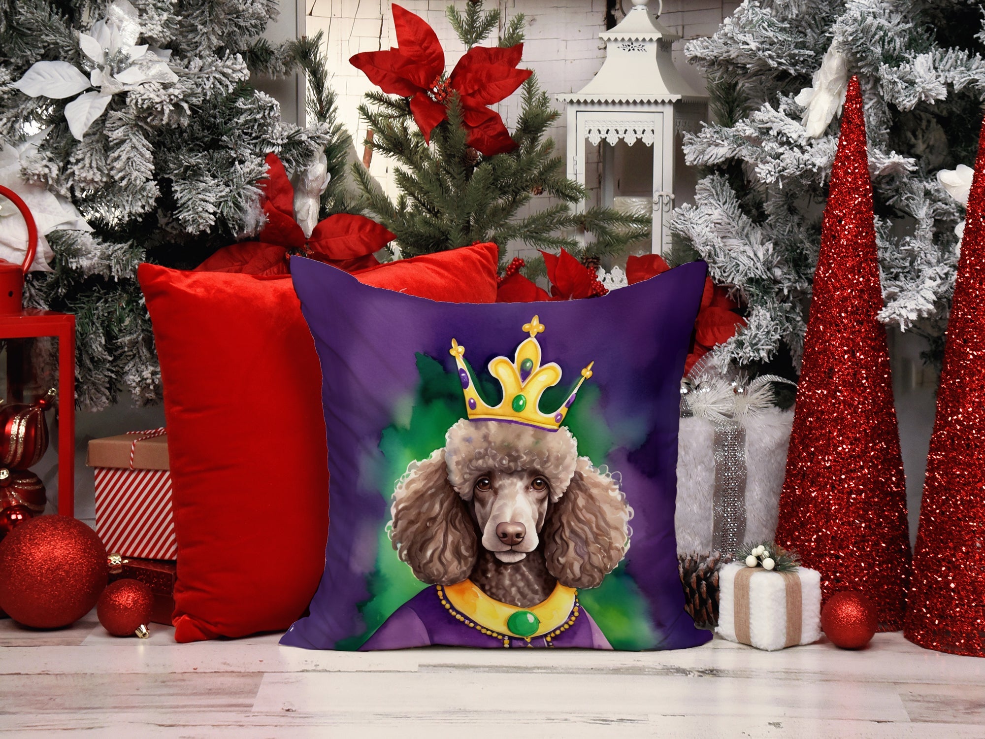 Chocolate Poodle King of Mardi Gras Decorative Throw Pillow 14x14 Indoor Outdoor Accent Cushion, Fabric Cover with Insert for Sofa, Bed, Porch & Living Room