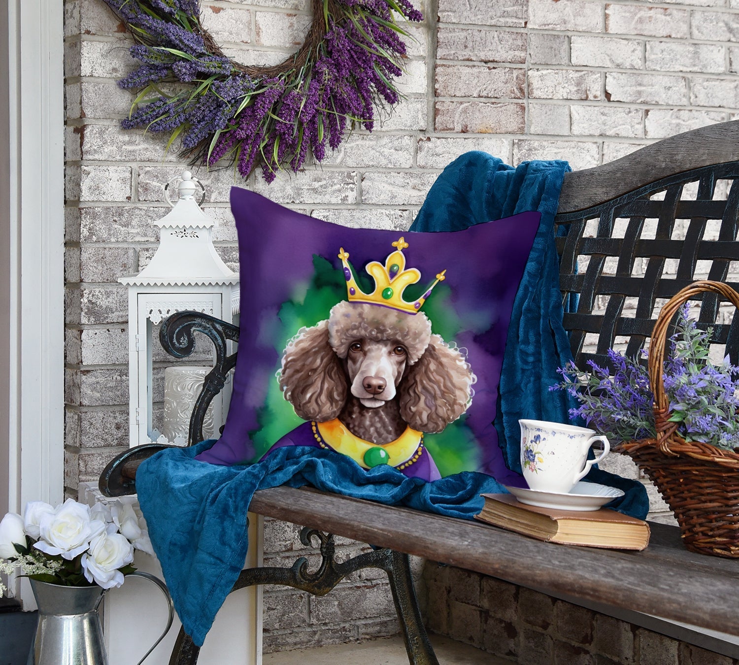 Chocolate Poodle King of Mardi Gras Decorative Throw Pillow 18x18 Indoor Outdoor Accent Cushion, Fabric Cover with Insert for Sofa, Bed, Porch & Living Room