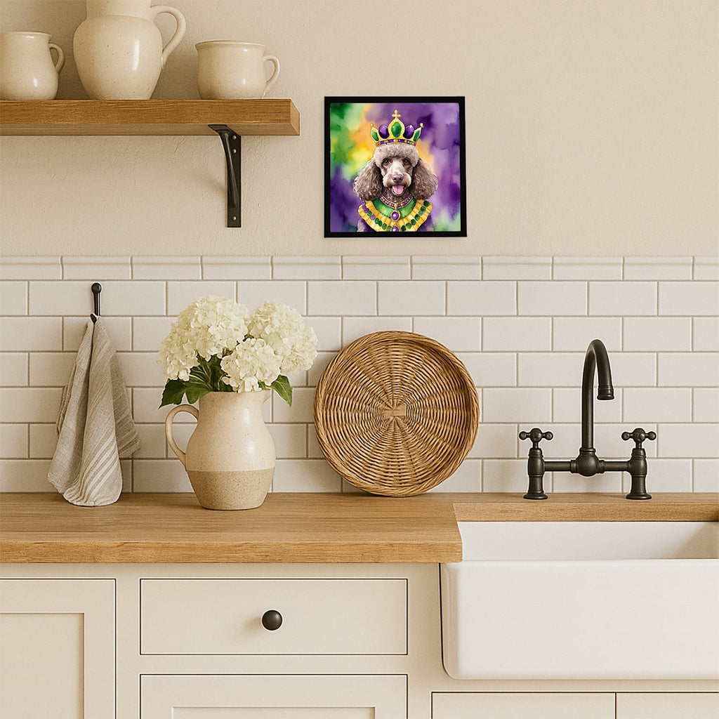 Chocolate Poodle King of Mardi Gras Framed Metal Print Bathroom, Kitchen, Office, Home Decor Wall Art Ready to Hang, Square, 8X8