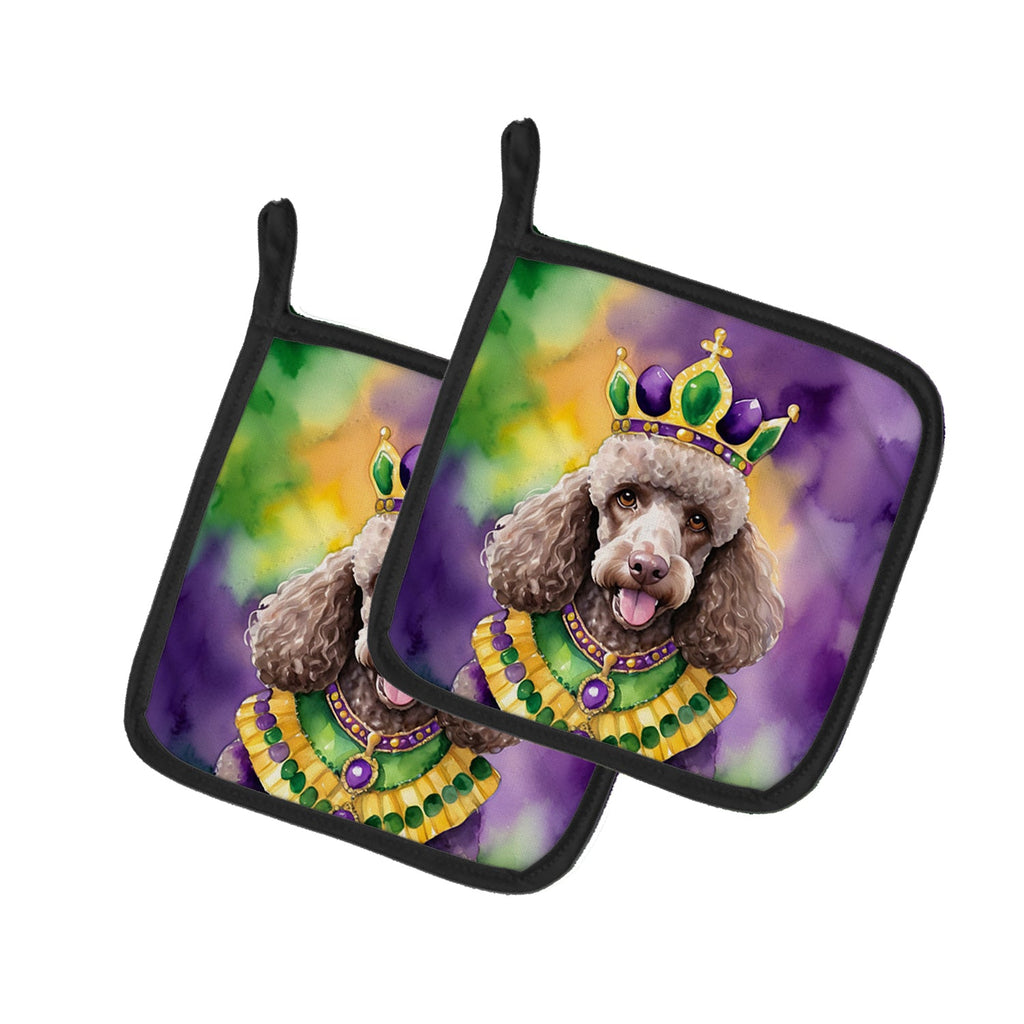 Chocolate Poodle King of Mardi Gras Pot Holder Set of 2 Heat Resistant Quilted Hot Pads 7.5 x 7.5 Inch, Insulated Kitchen Trivets for Cooking & Baking