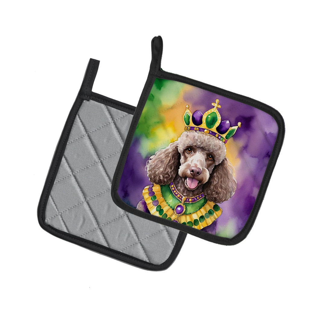 Chocolate Poodle King of Mardi Gras Pot Holder Set of 2 Heat Resistant Quilted Hot Pads 7.5 x 7.5 Inch, Insulated Kitchen Trivets for Cooking & Baking
