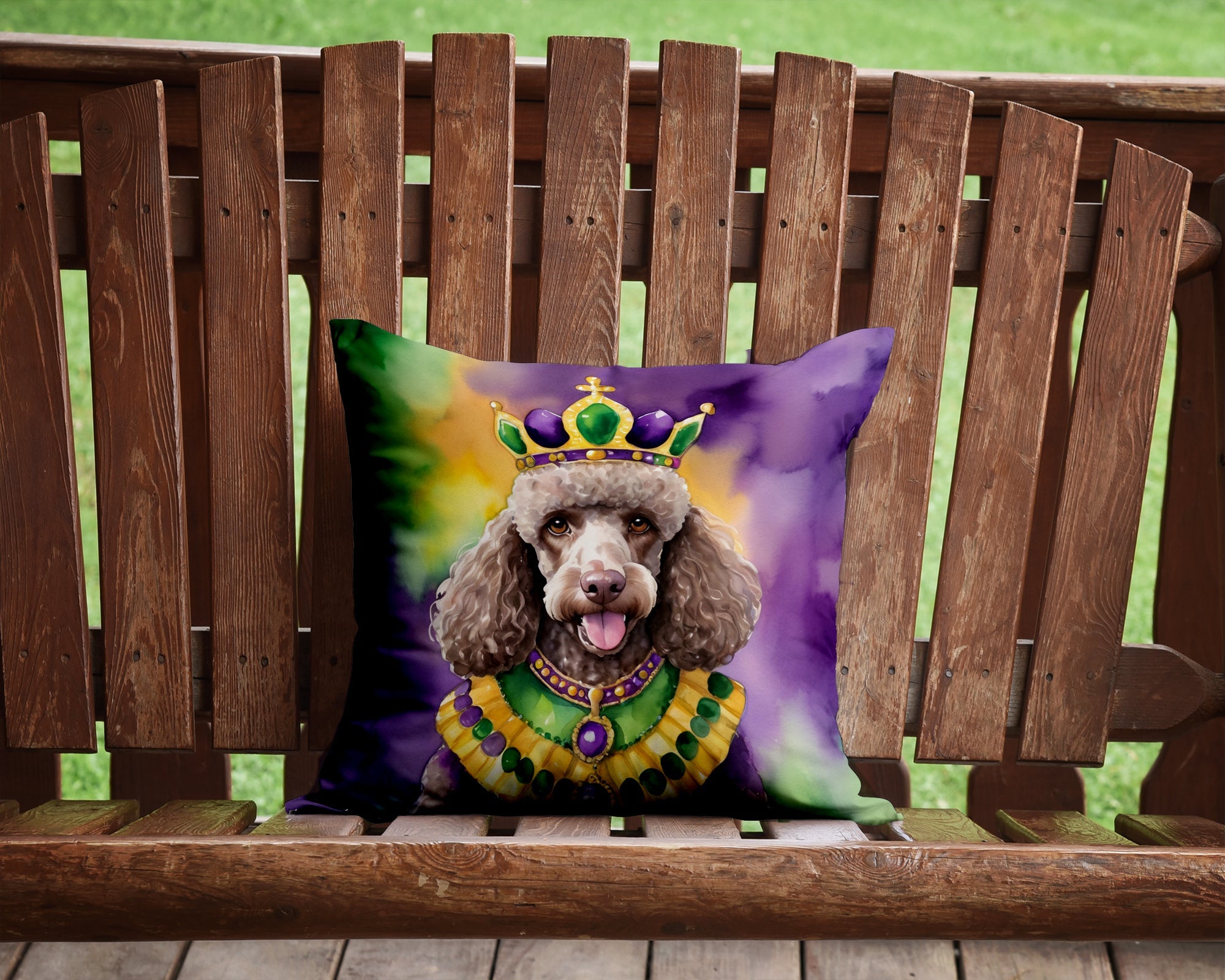 Chocolate Poodle King of Mardi Gras Decorative Throw Pillow 14x14 Indoor Outdoor Accent Cushion, Fabric Cover with Insert for Sofa, Bed, Porch & Living Room