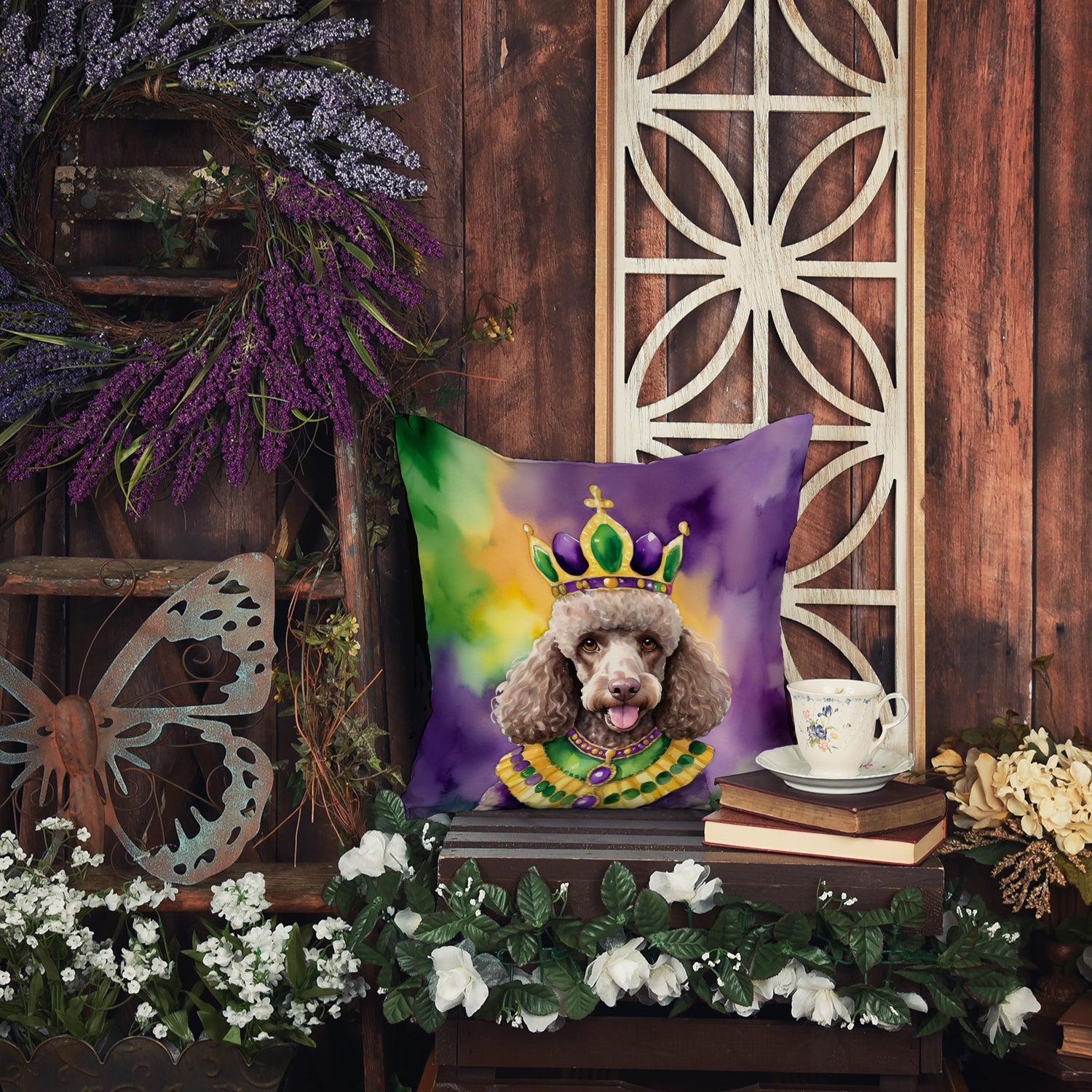 Chocolate Poodle King of Mardi Gras Decorative Throw Pillow 14x14 Indoor Outdoor Accent Cushion, Fabric Cover with Insert for Sofa, Bed, Porch & Living Room