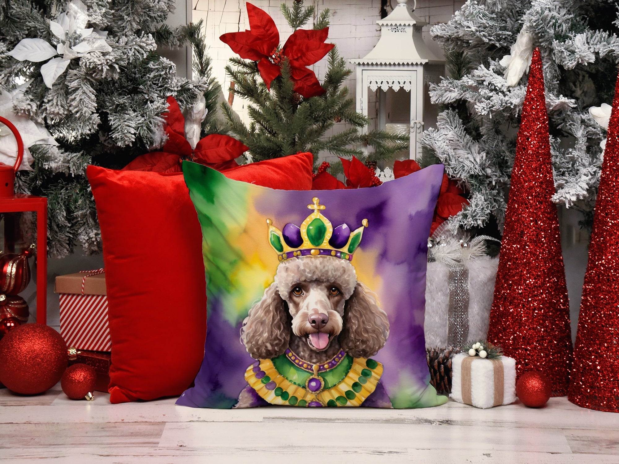 Chocolate Poodle King of Mardi Gras Decorative Throw Pillow 14x14 Indoor Outdoor Accent Cushion, Fabric Cover with Insert for Sofa, Bed, Porch & Living Room