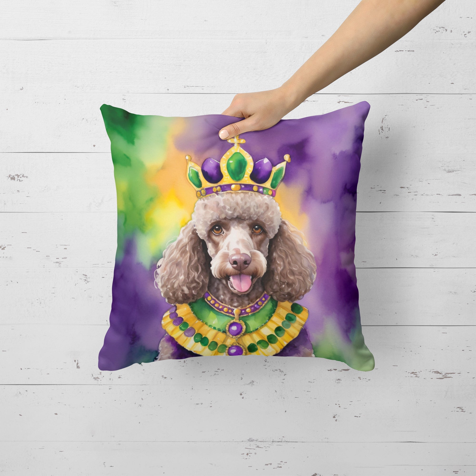 Chocolate Poodle King of Mardi Gras Decorative Throw Pillow 18x18 Indoor Outdoor Accent Cushion, Fabric Cover with Insert for Sofa, Bed, Porch & Living Room