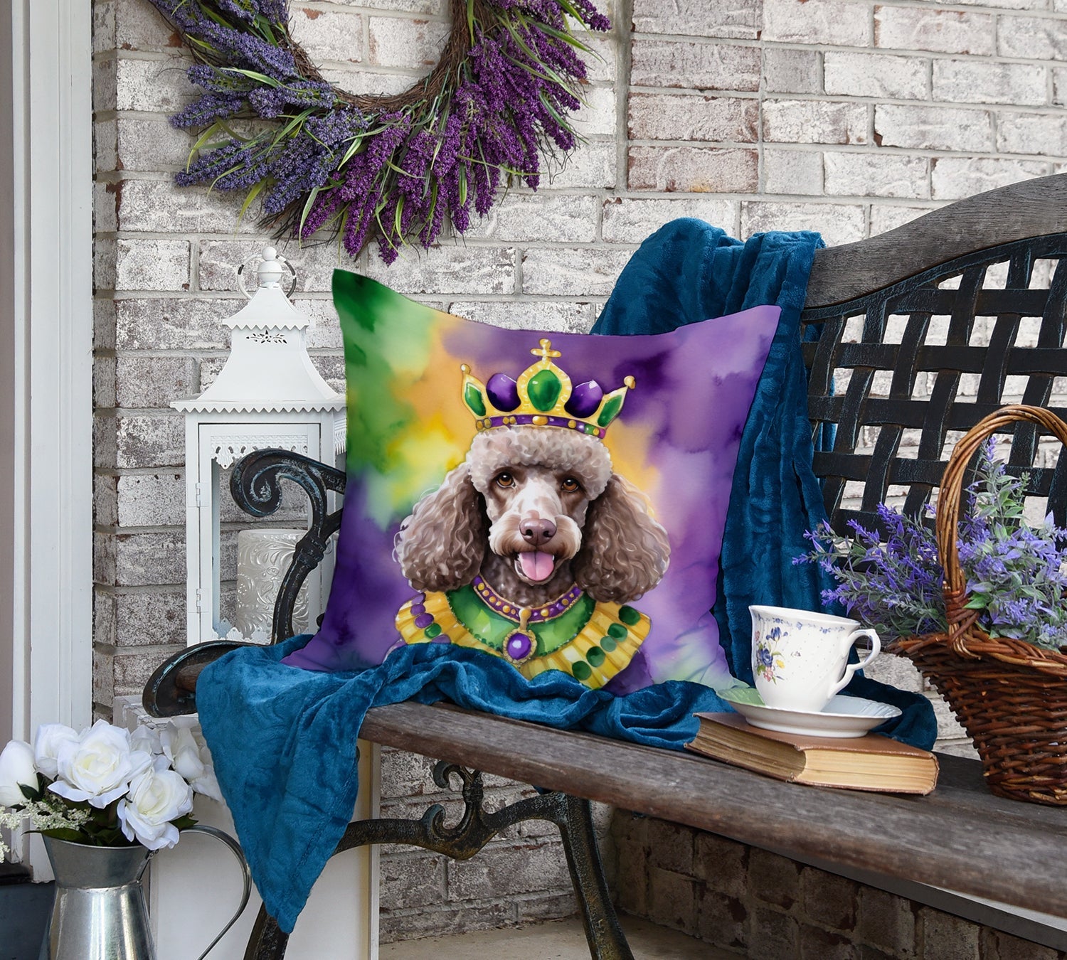 Chocolate Poodle King of Mardi Gras Decorative Throw Pillow 18x18 Indoor Outdoor Accent Cushion, Fabric Cover with Insert for Sofa, Bed, Porch & Living Room