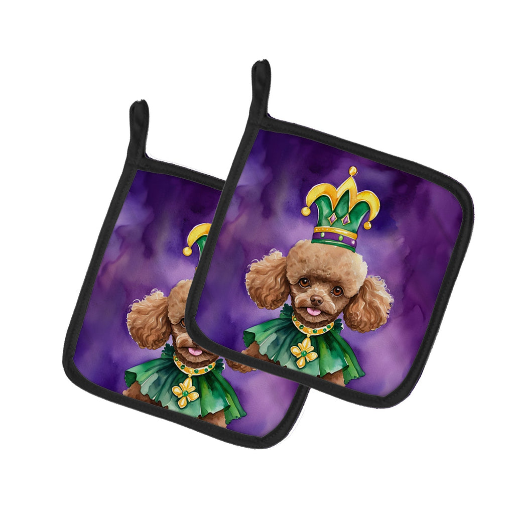 Poodle King of Mardi Gras Pot Holder Set of 2 Heat Resistant Quilted Hot Pads 7.5 x 7.5 Inch, Insulated Kitchen Trivets for Cooking & Baking