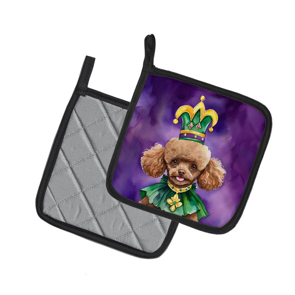 Poodle King of Mardi Gras Pot Holder Set of 2 Heat Resistant Quilted Hot Pads 7.5 x 7.5 Inch, Insulated Kitchen Trivets for Cooking & Baking