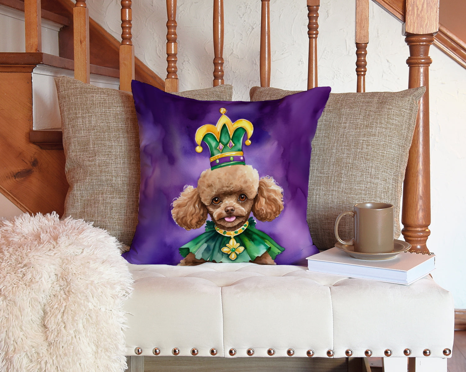 Poodle King of Mardi Gras Decorative Throw Pillow 14x14 Indoor Outdoor Accent Cushion, Fabric Cover with Insert for Sofa, Bed, Porch & Living Room