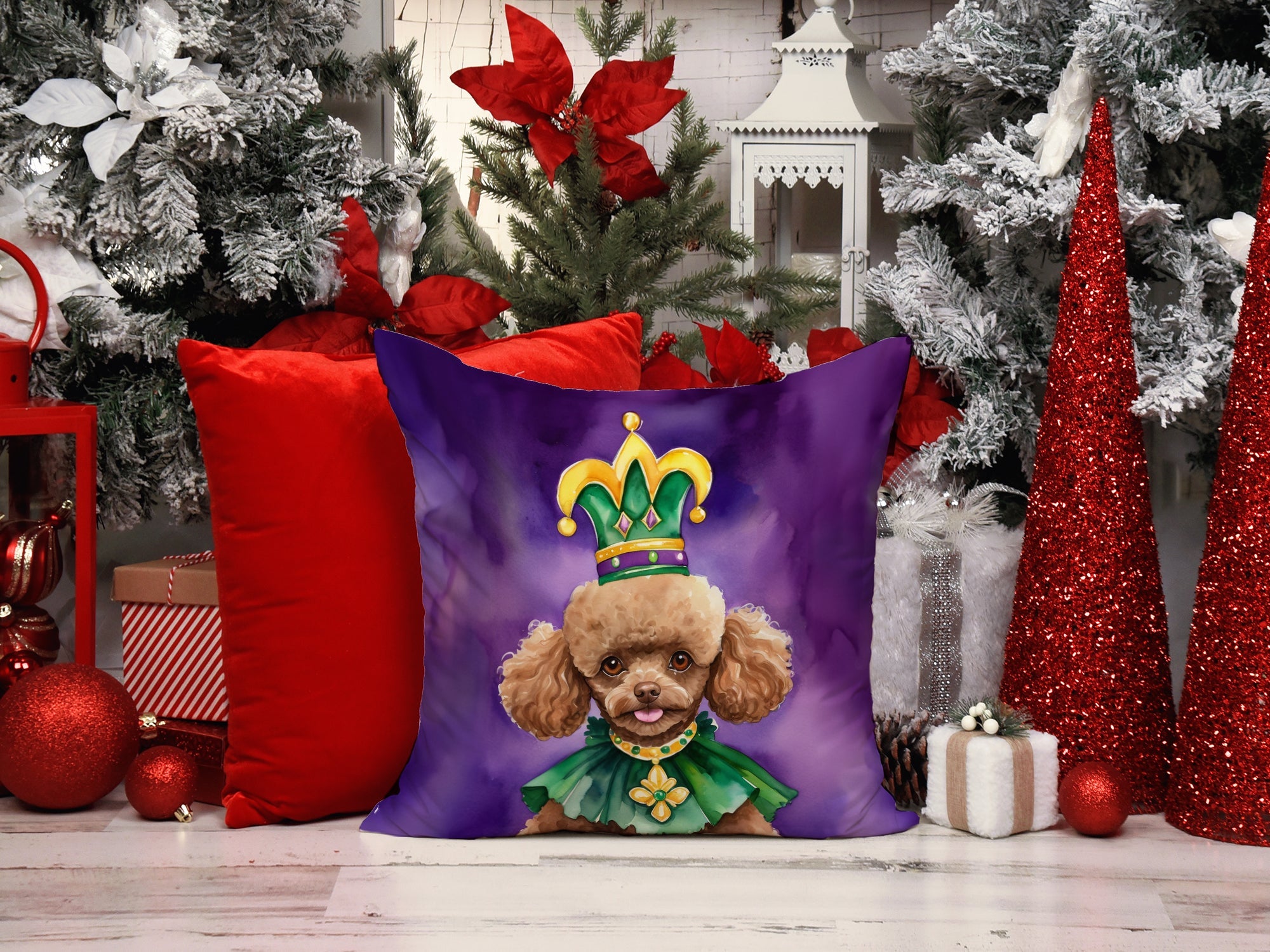 Poodle King of Mardi Gras Decorative Throw Pillow 14x14 Indoor Outdoor Accent Cushion, Fabric Cover with Insert for Sofa, Bed, Porch & Living Room