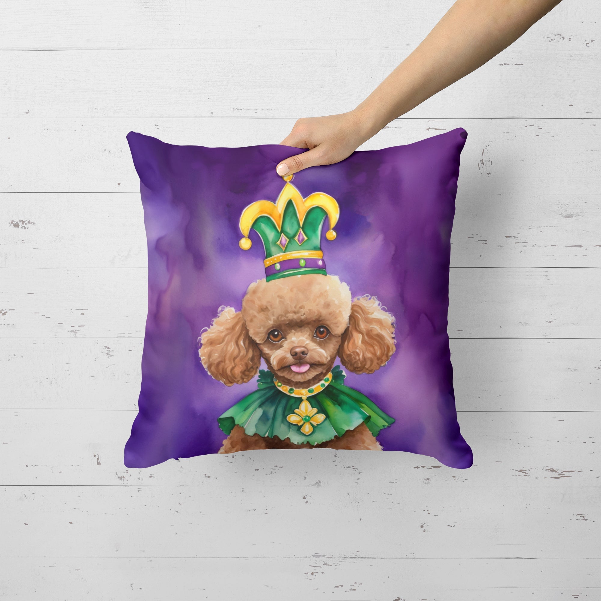 Poodle King of Mardi Gras Decorative Throw Pillow 18x18 Indoor Outdoor Accent Cushion, Fabric Cover with Insert for Sofa, Bed, Porch & Living Room