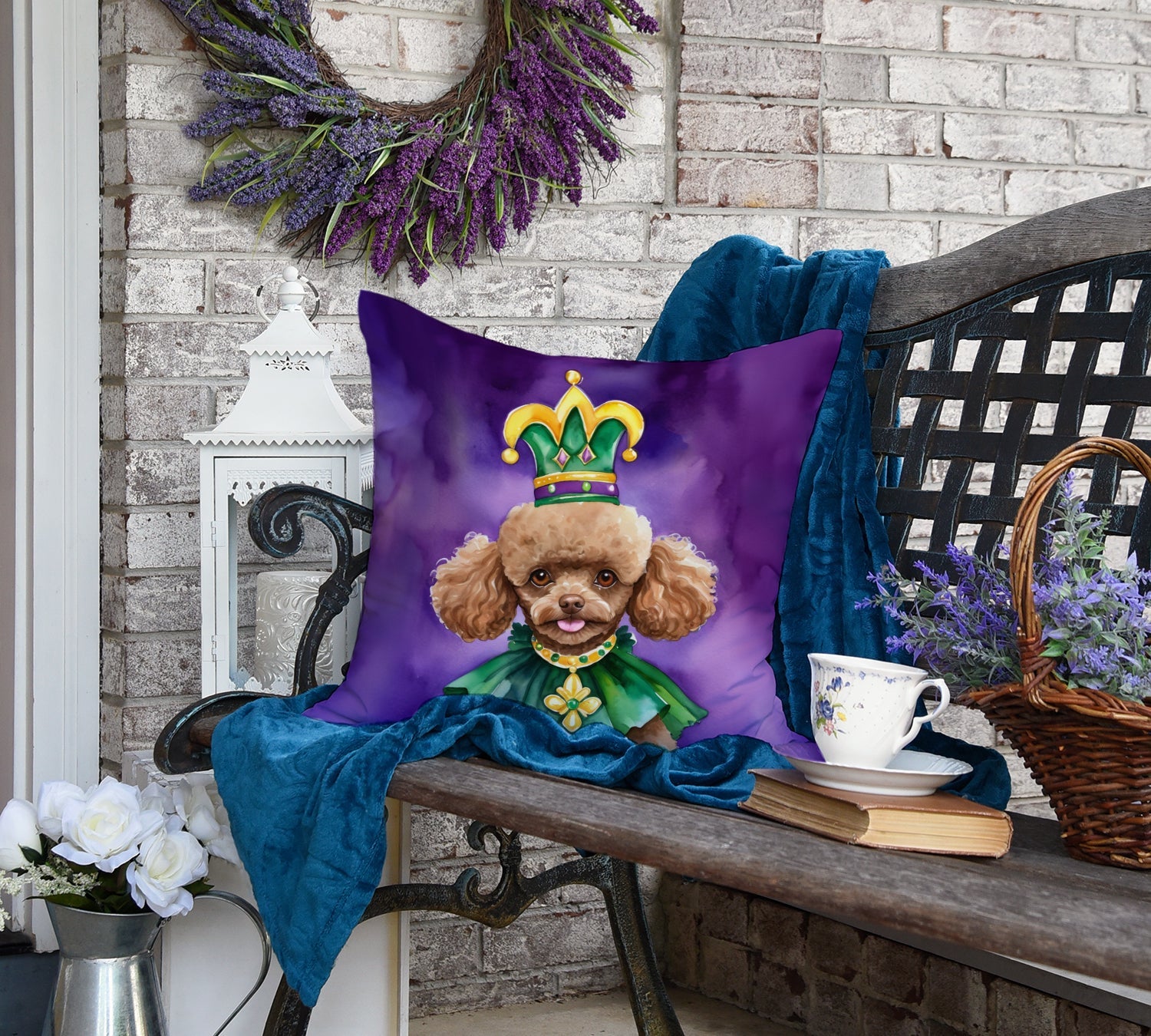 Poodle King of Mardi Gras Decorative Throw Pillow 18x18 Indoor Outdoor Accent Cushion, Fabric Cover with Insert for Sofa, Bed, Porch & Living Room