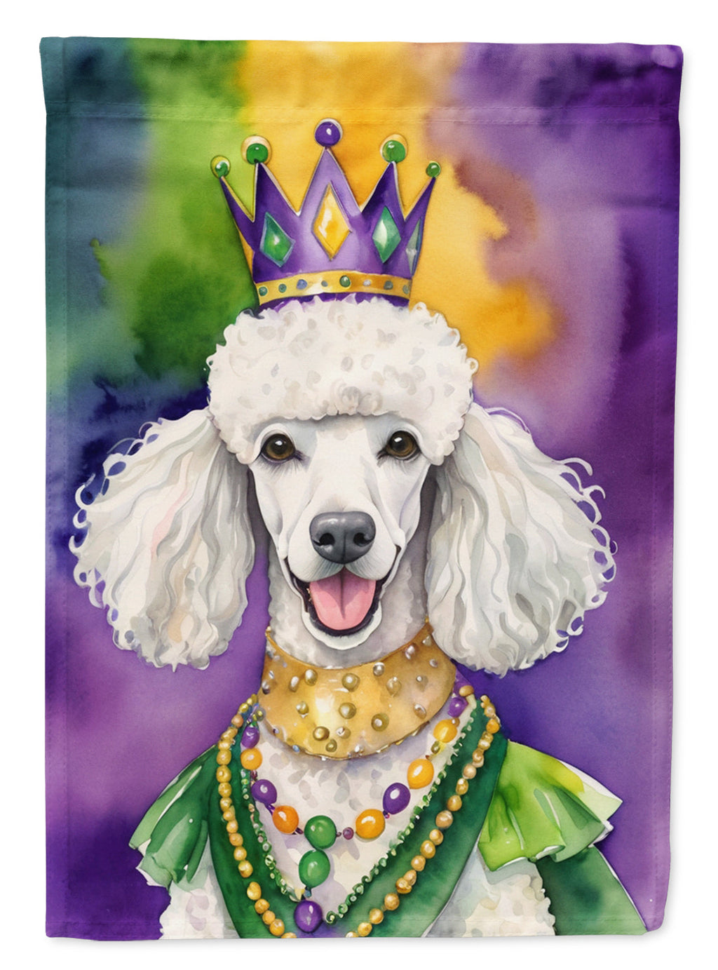 White Poodle King of Mardi Gras House Flag 28x40 Porch Sleeve Pole Decorative Outside Yard Banner Artwork Wall Hanging, Polyester