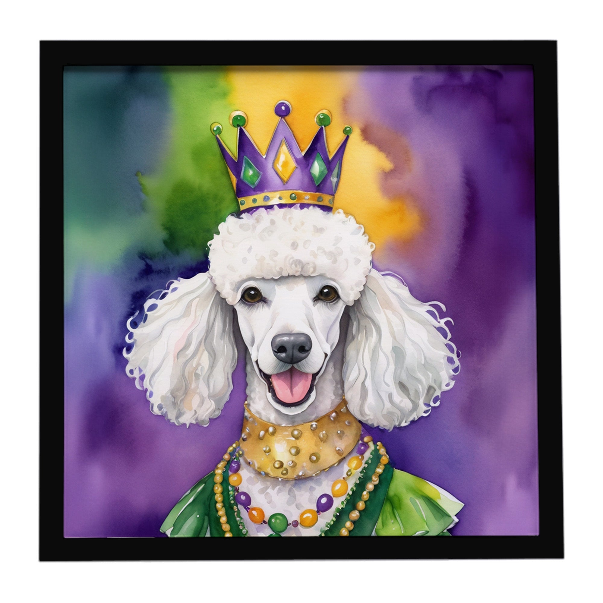 White Poodle King of Mardi Gras Framed Metal Print Bathroom, Kitchen, Office, Home Decor Wall Art Ready to Hang, Square, 8X8